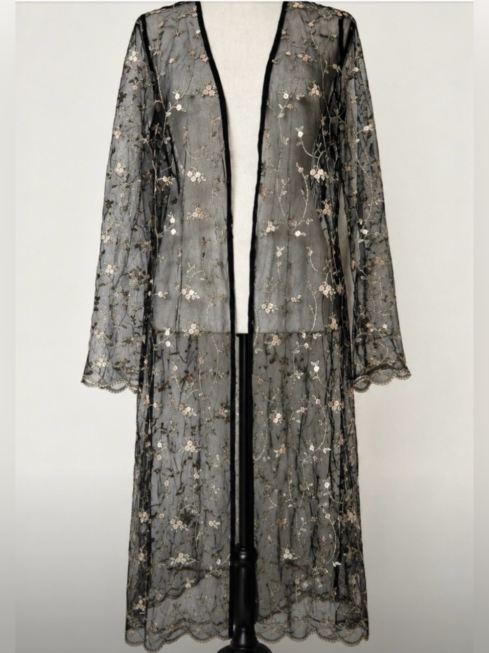 Dark Fairy Black Sheer Embroidered Floral Cover Up Whimsigoth Kimono Duster S/M